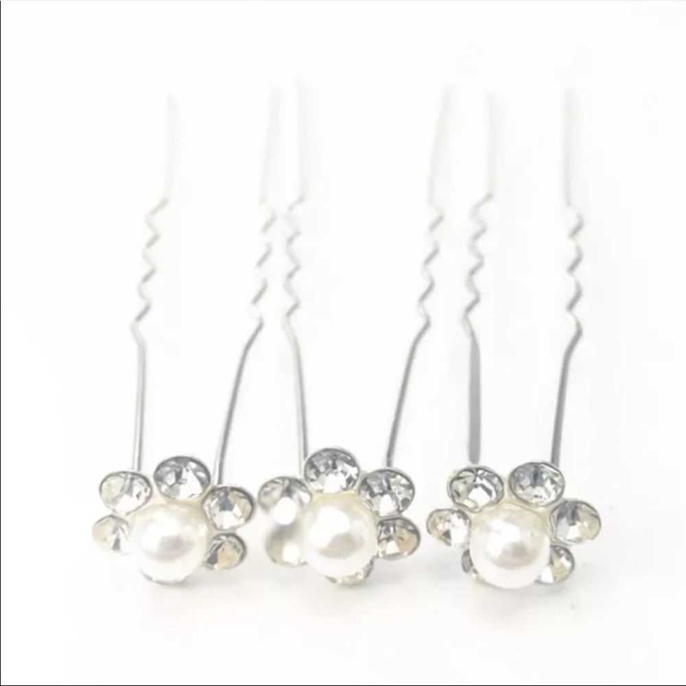 New! Set of Pearl Crystal Flower Bridal Hair Pins - Picture 3 of 7